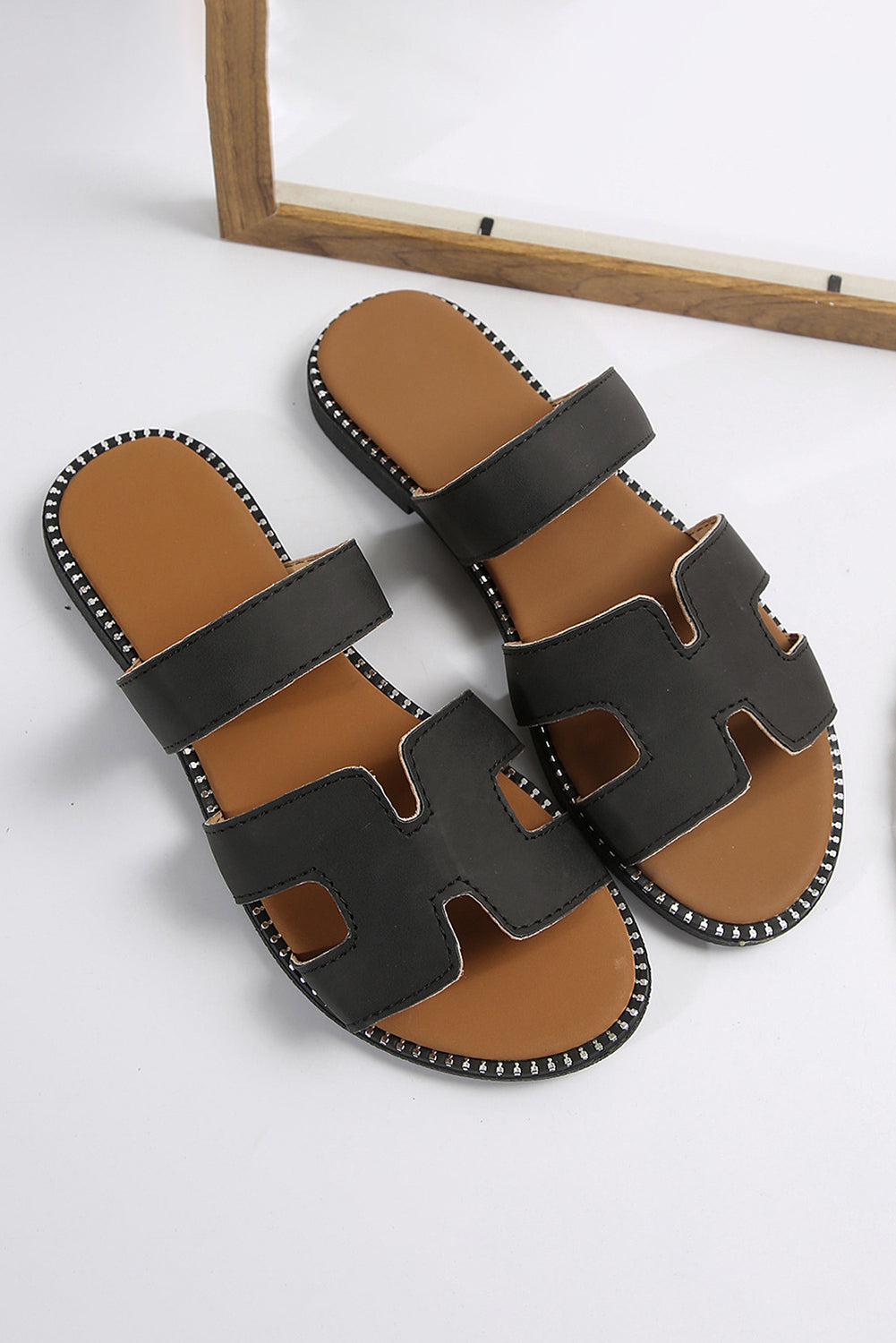 Black Leather H Band Flat Slip On Slide Sandals