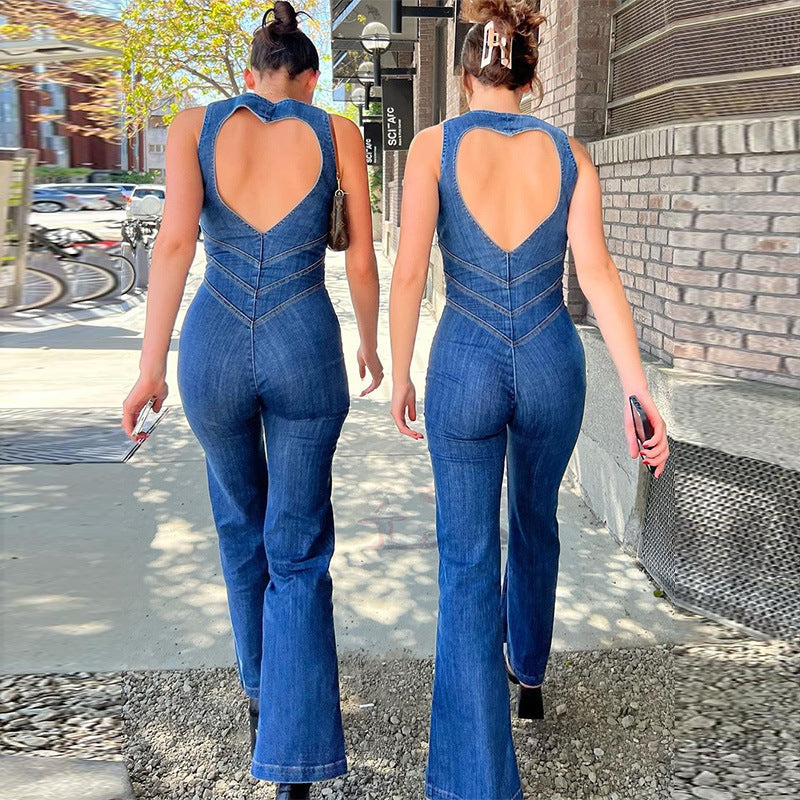 Summer Slim Heart-Shape Cutout Backless Denim Halter Neck Zip Up High Waist Panst Retro Style Jumpsuit