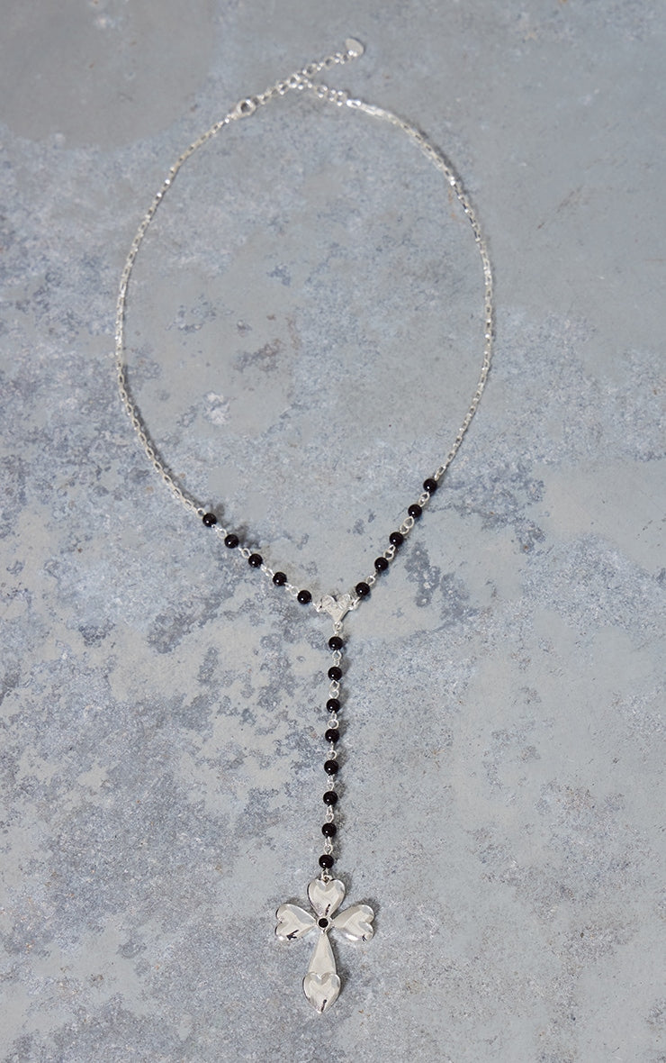 Silver Cross Black Bead Necklace