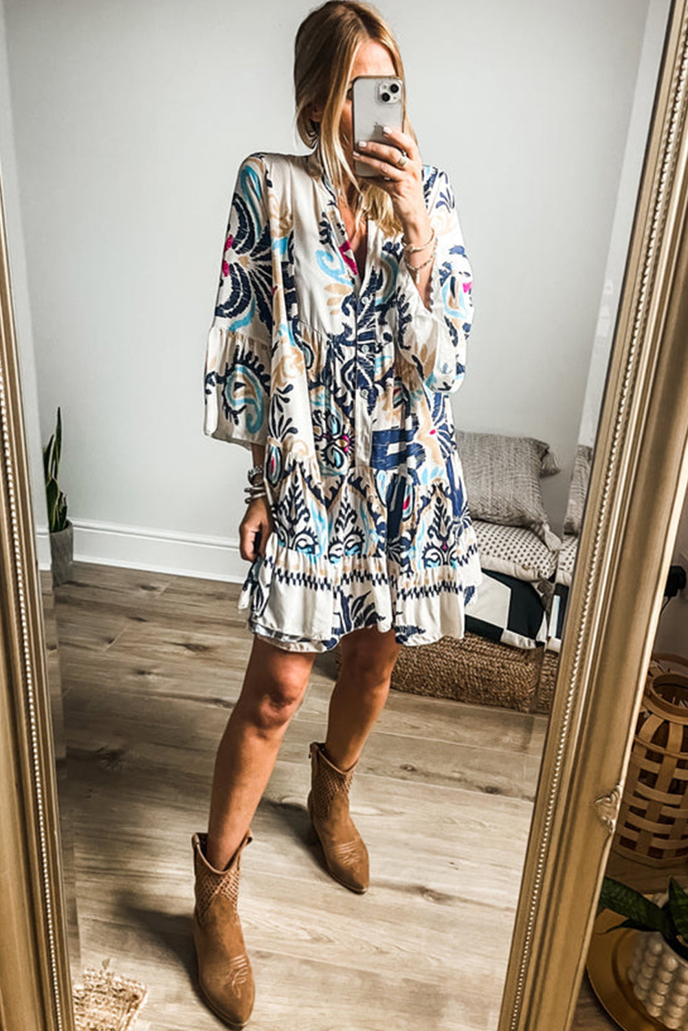 White Printed Tribal Print Bracelet Sleeve Buttoned Mini Dress