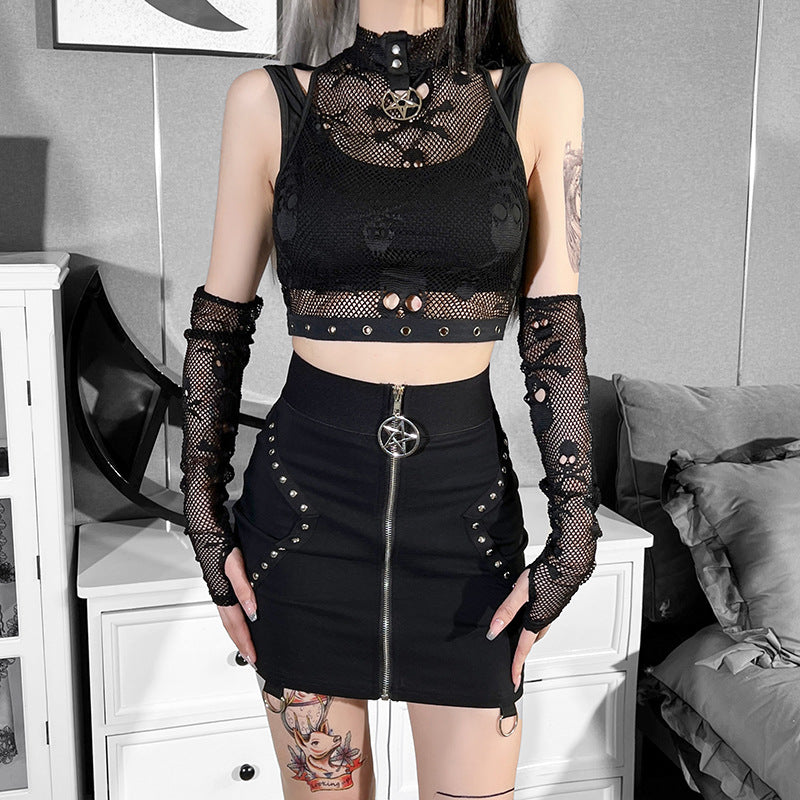 Mesh Sleeve Lace Sheer Gothic Tank Top Two Piece