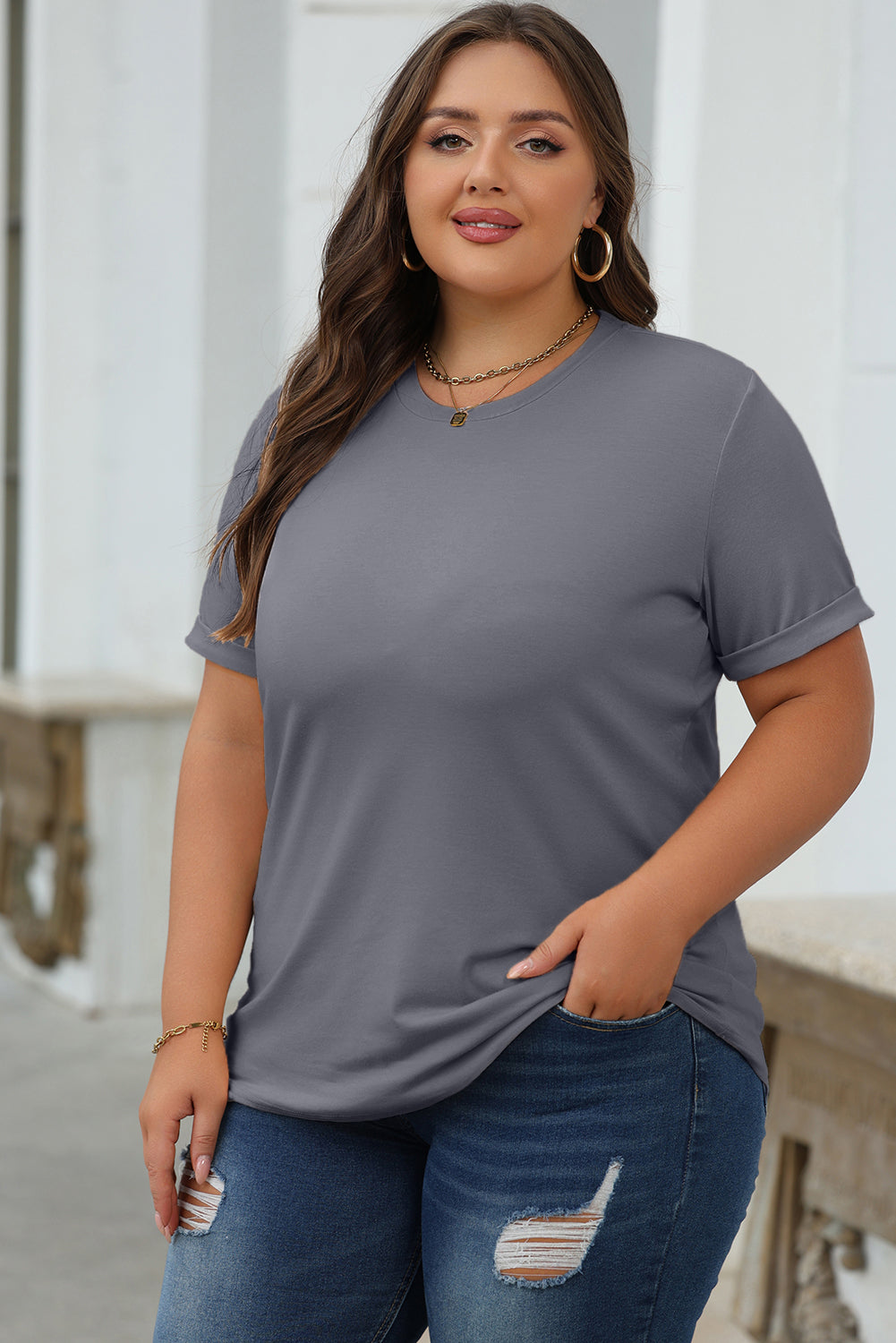 Rose Red Casual Plain Crew Neck Tee