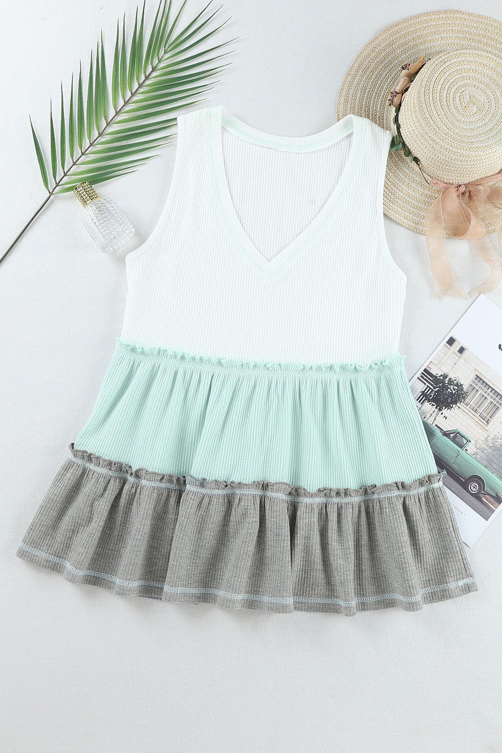 Colorblock Tiered Ruffle Babydoll V Neck Sleeveless Shirt