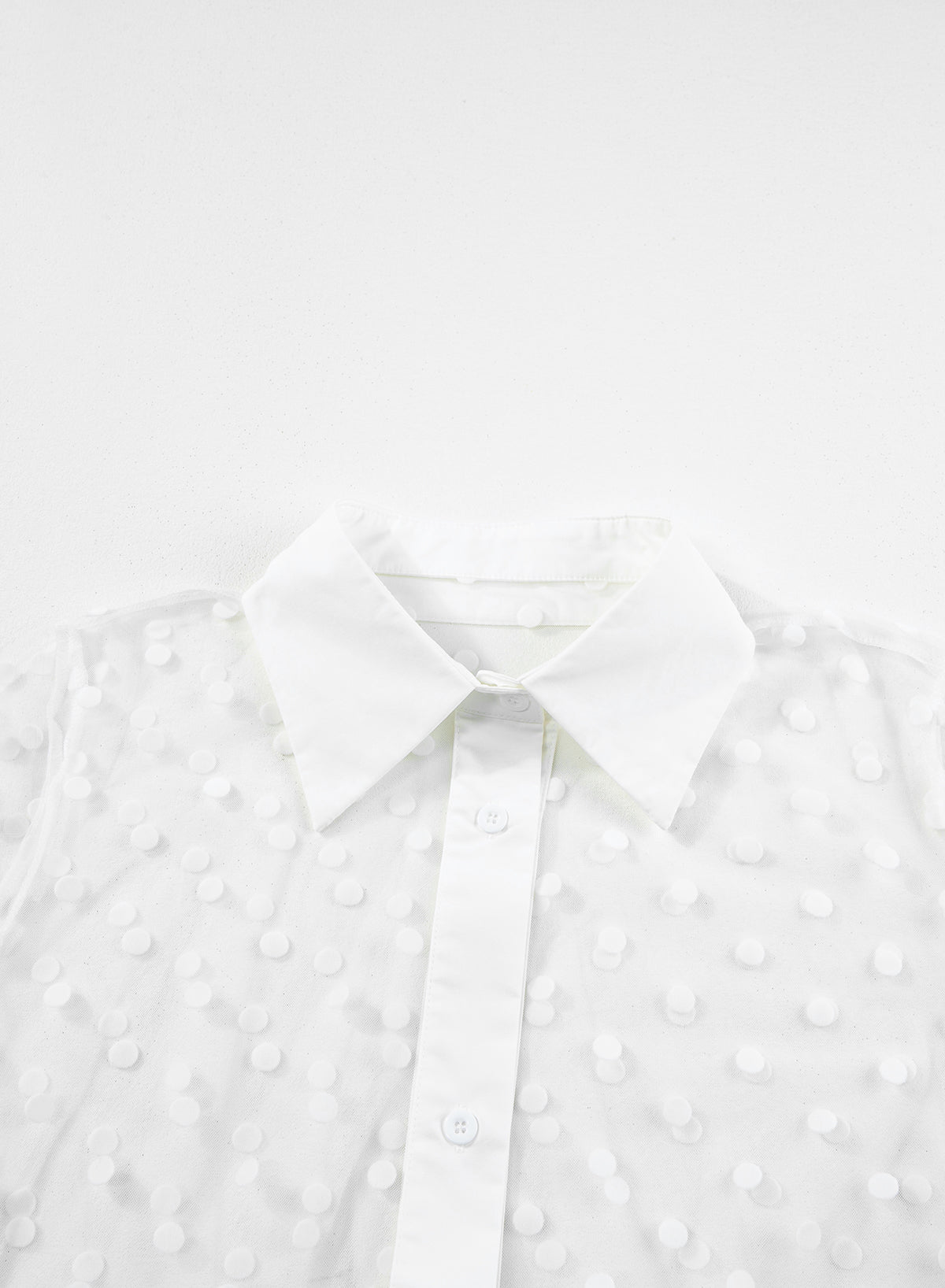 White Polka Dot Print Mesh Duster Kimono | Collared Button-Up Women’s Outerwear