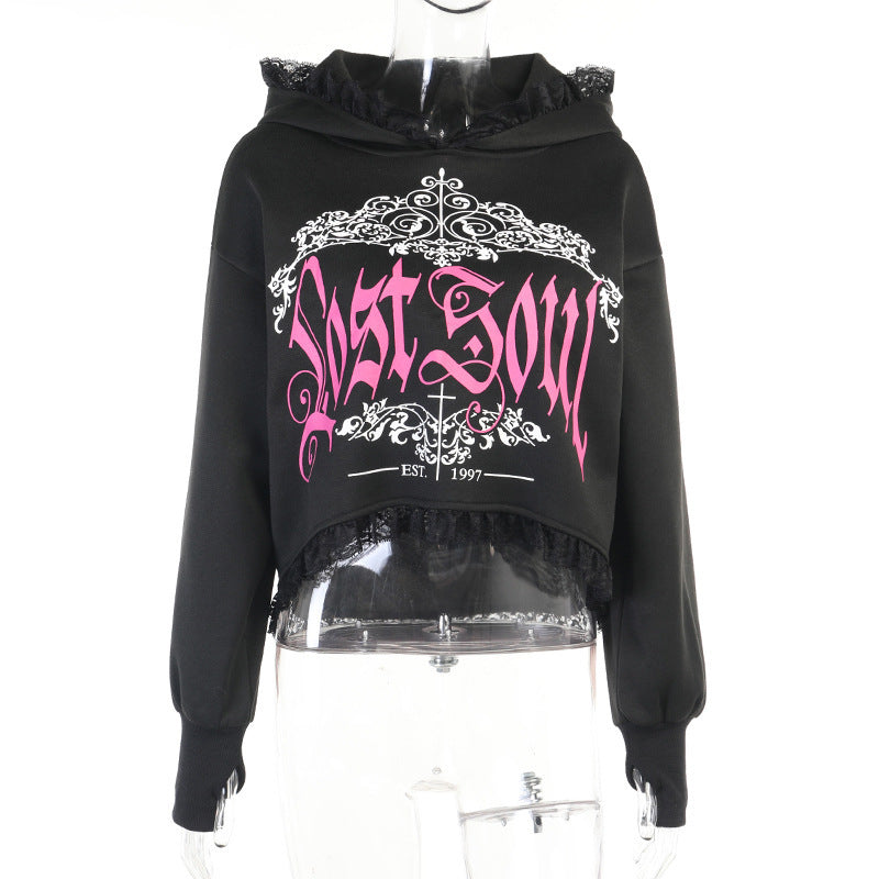 Women's Lost Soul Lace Trimmed Hooded Trendy Pastel Goth Printed Sweatshirt