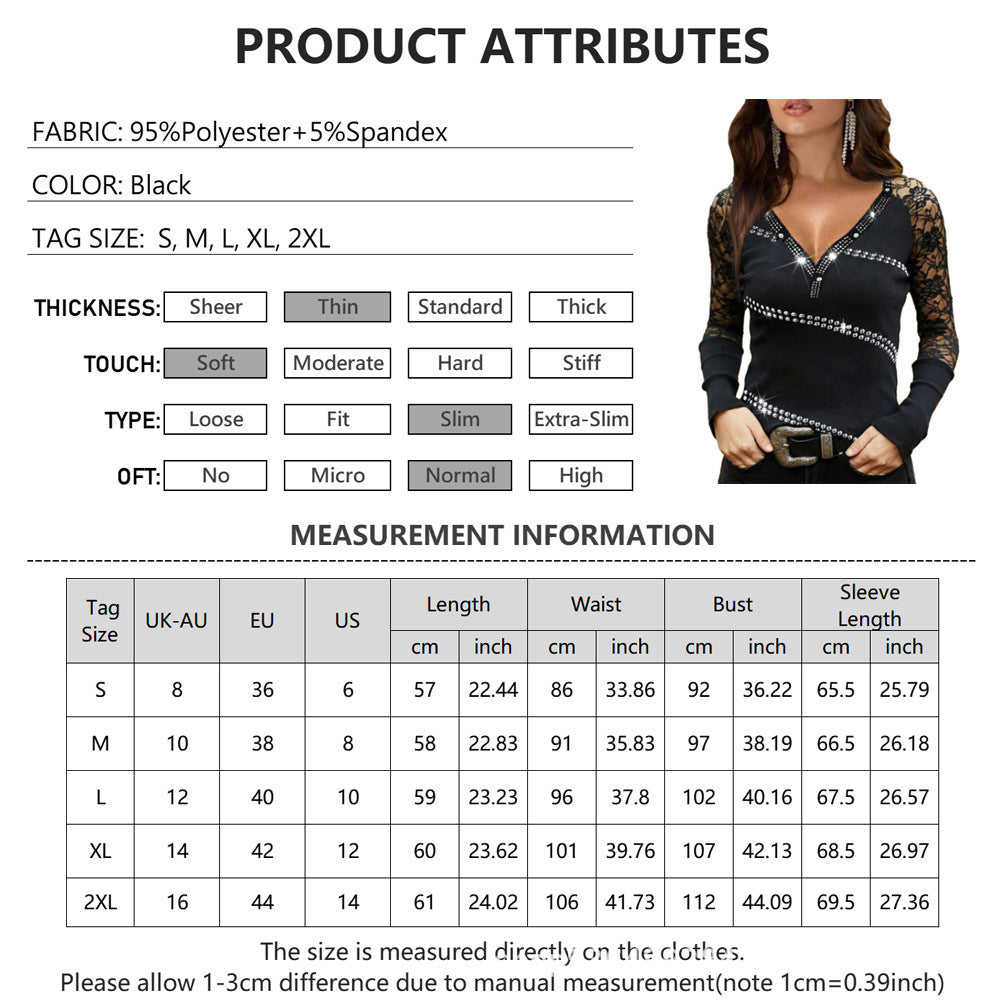 Lightweight Long Lace Sheer Sleeve Shirt Rhinestone Wraparound V Neck Nightclub Fashion Blouse