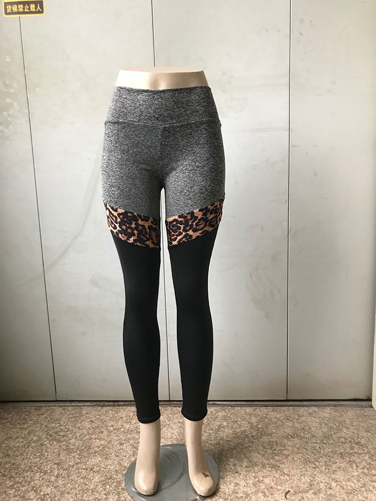 Grey And Black Plus Leopard Print Exposed Stitching Polyester Fiber Leggings