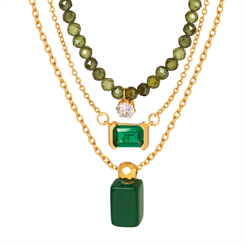 18K gold retro palace style square gemstone/irregular inlaid gemstone/bead chain with zircon design versatile combination necklace