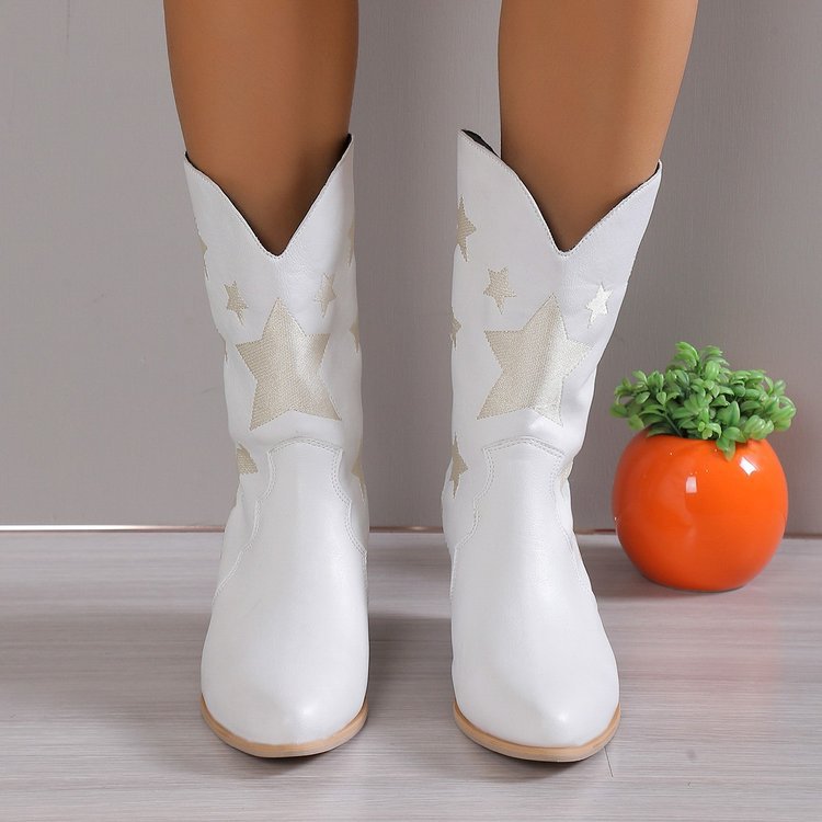 Women's Embroidered Star Pointed Toe Chunky Heel Western Cowgirl Boots