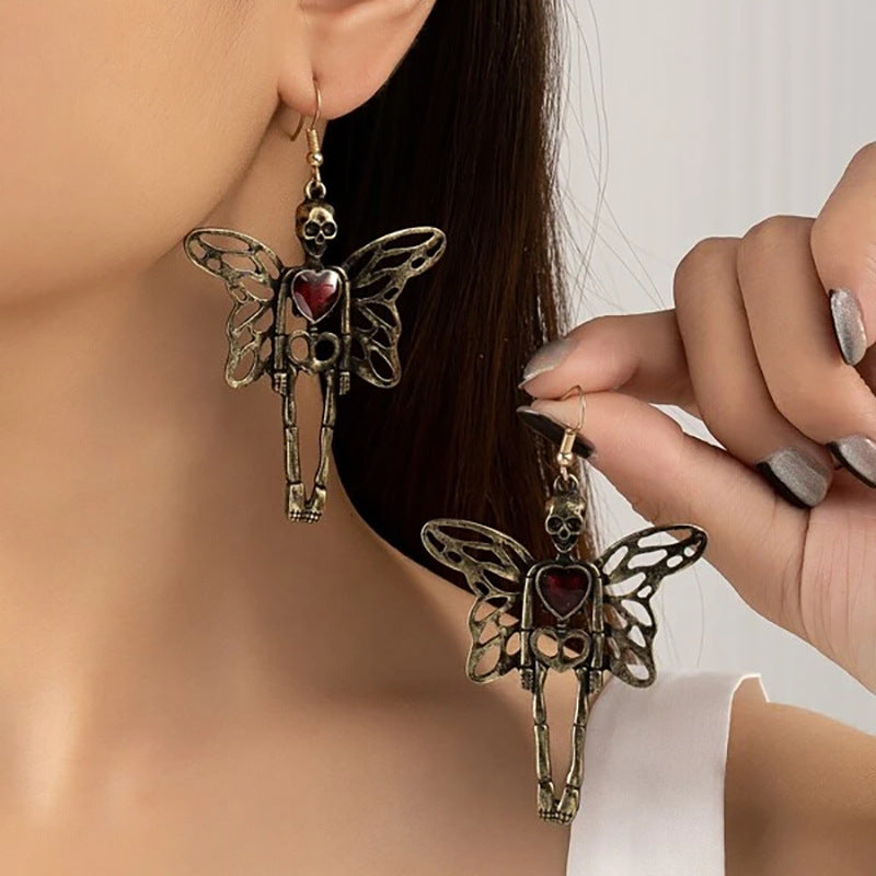 Exaggerated Skull Wings Earrings Retro Dark