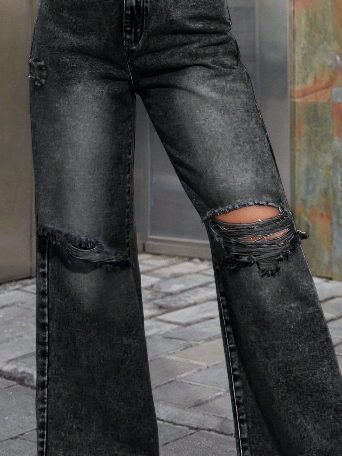 Distressed Black Wide Leg Jeans with Pockets - Women’s Grunge Y2K Jeans