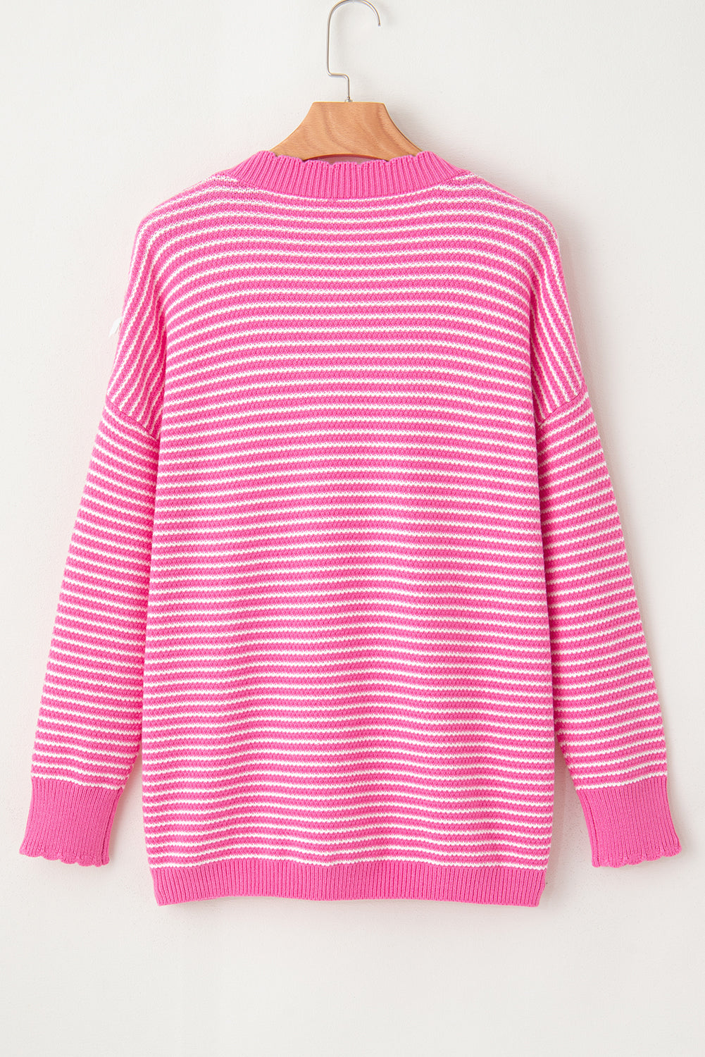 Pink Striped Scallop V Neck Split Knitted Sweater