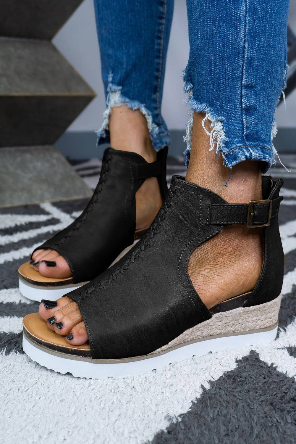 Black PU Cutout Buckle Strap Platform Sandals