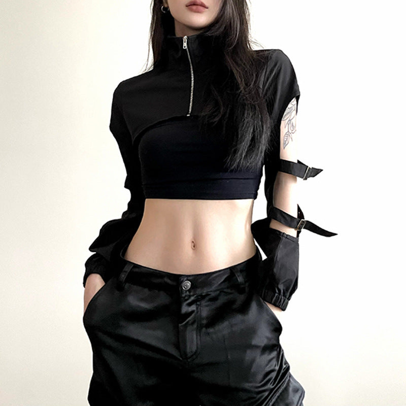 Dark Style Irregular Short Cropped Zip Collar Top Buckled Open Lantern Sleeve