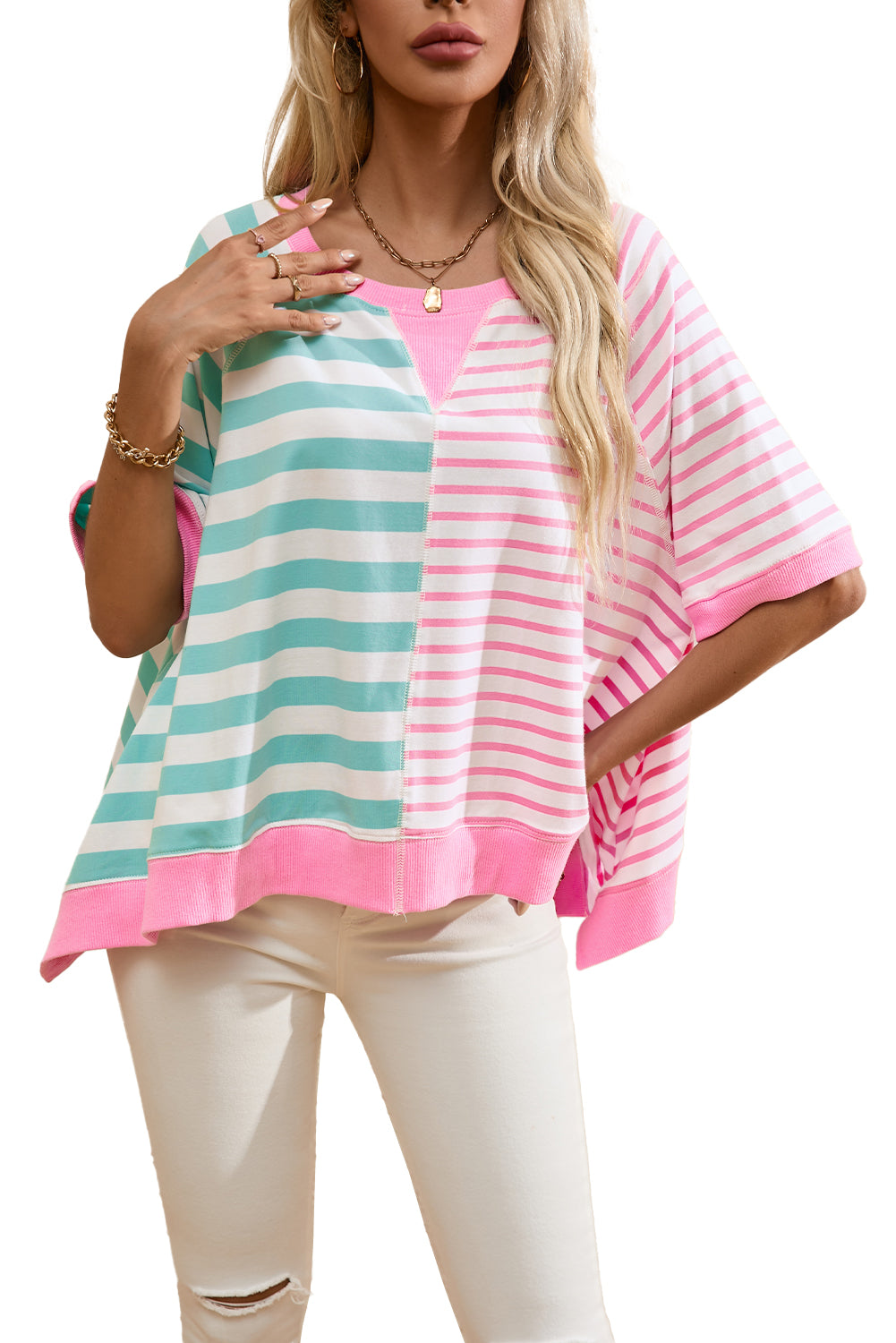 Pink Stripe Contrast Patchwork Oversized T Shirt