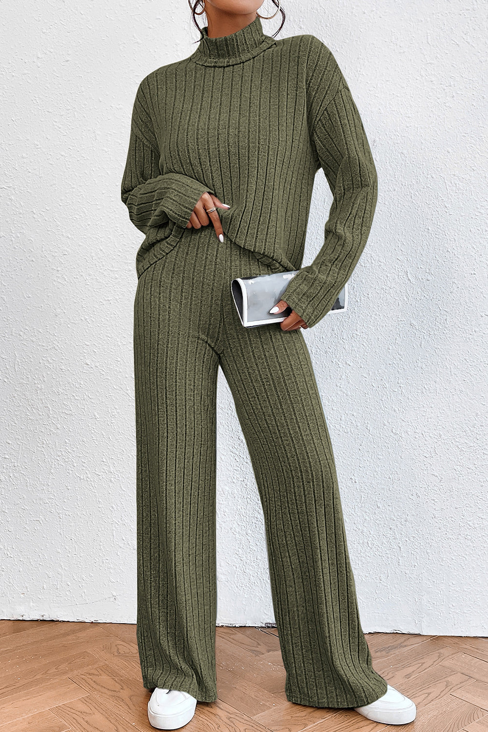 Khaki Ribbed Knit Bell Sleeve Crop Top Drawstring Pants Set