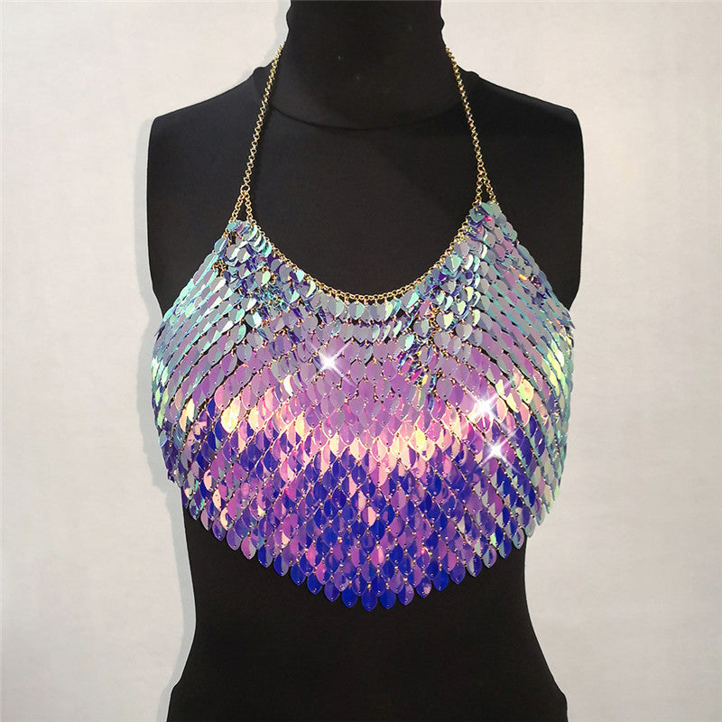 Sexy Iridescent Sequin Festival Fashion Halter Sling Backless Bandana Top