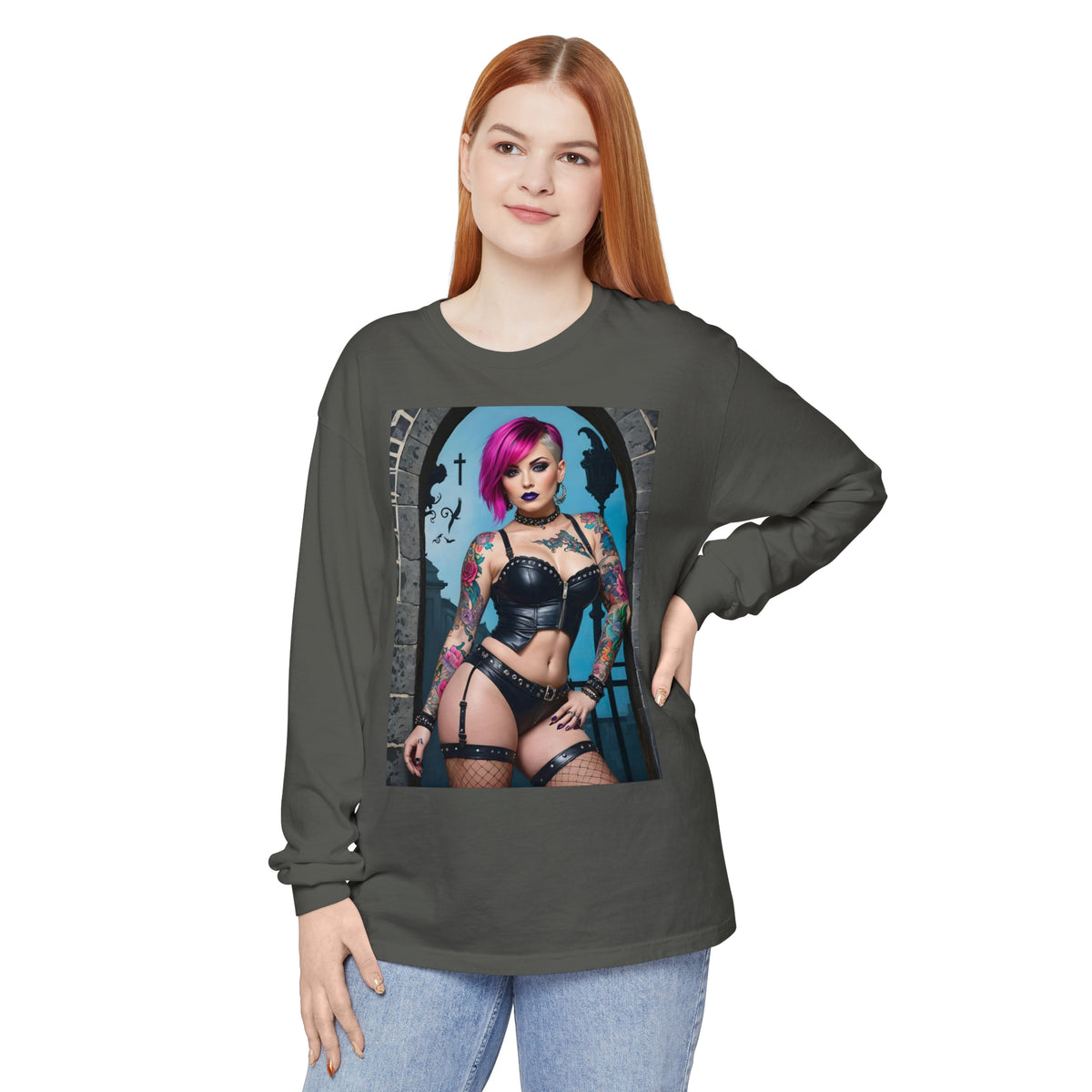 Goth Graveyard Girl Series - Design Six - Unisex Garment-dyed Long Sleeve T-Shirt