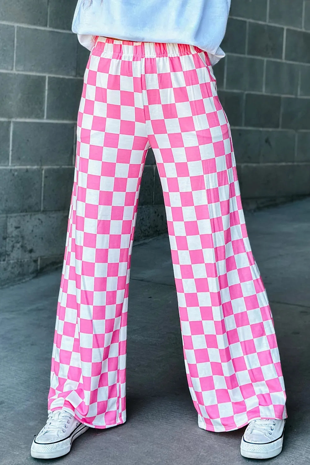 Pink Checkered Wide Leg Pants With Pockets