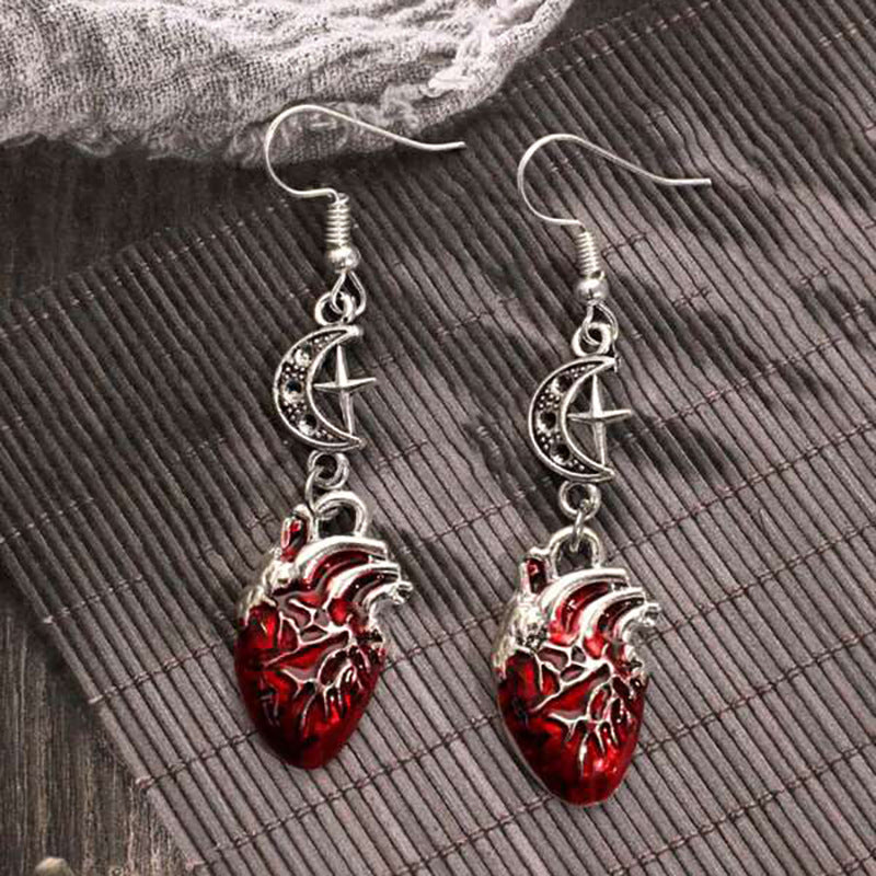 Gothic Beating Heart Crescent Cross Earrings