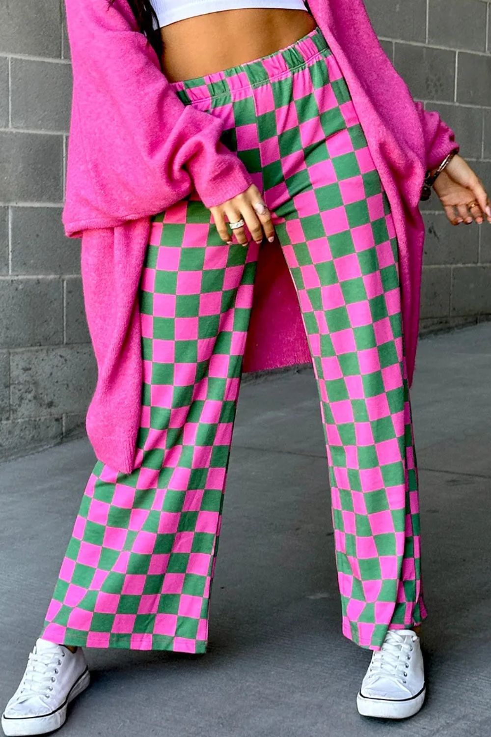 Pink Checkered Wide Leg Pants With Pockets