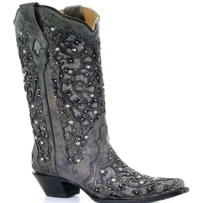 Women Rhinestone Hollow Flower High Boots