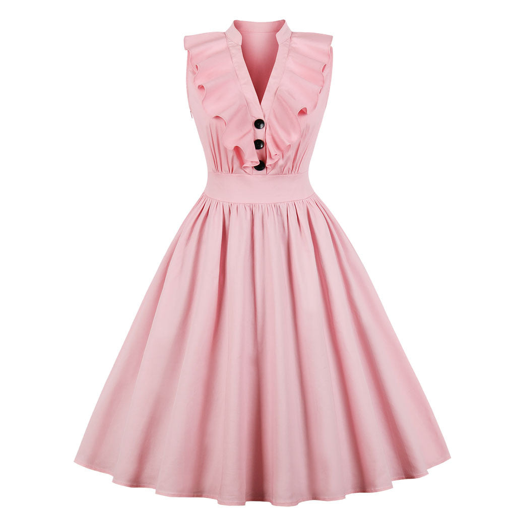 V Neck Ruffle Front Solid Colored Retro Swing Dress