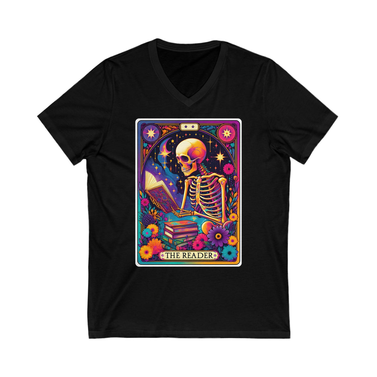 The Reader Funny Skeleton Tarot Card Unisex Jersey Short Sleeve V-Neck Tee