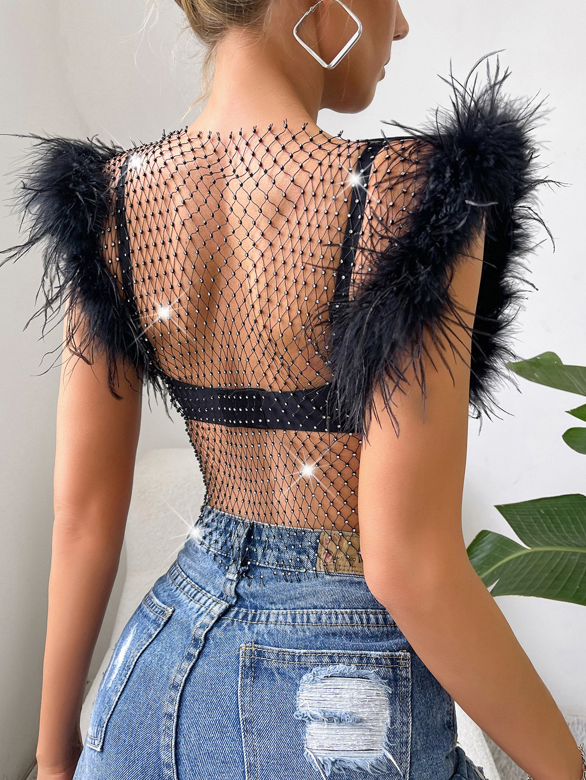 Slim-fit Diamond Style Super Shiny Ostrich Fur Rhinestone Fishnet Festival Top