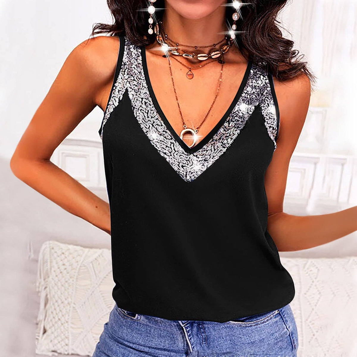 Full Size V-Neck Wide Strap Tank With Glitter Trim