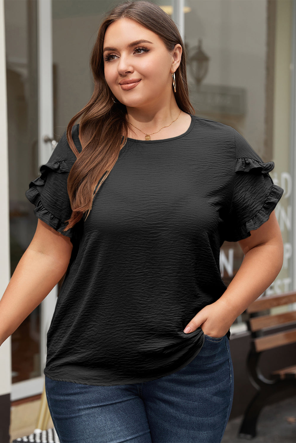 Black Ruffled Short Sleeve Plus Size Top