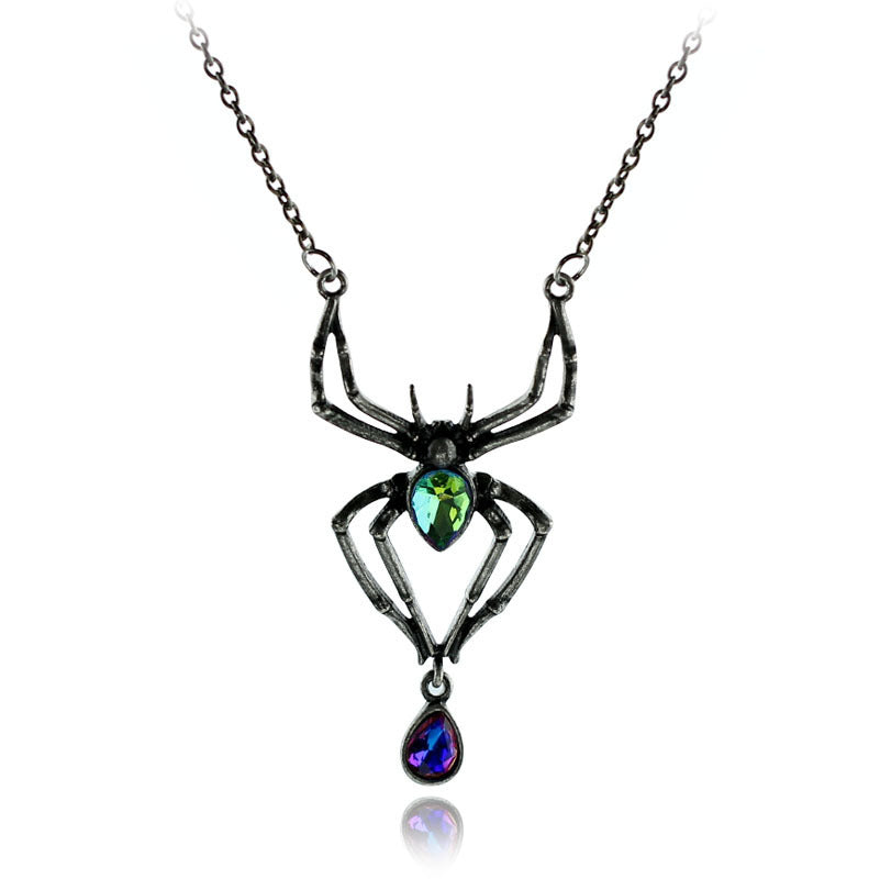 Vintage Spider Rhinestone Water Drop Pendant Necklace