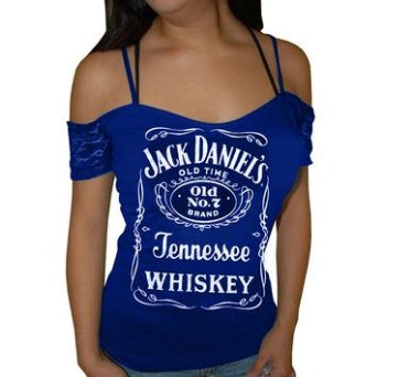 Smooth As Whiskey Cold Shoulder Lace Short Sleeved Casual Graphic Print Tee Shirt