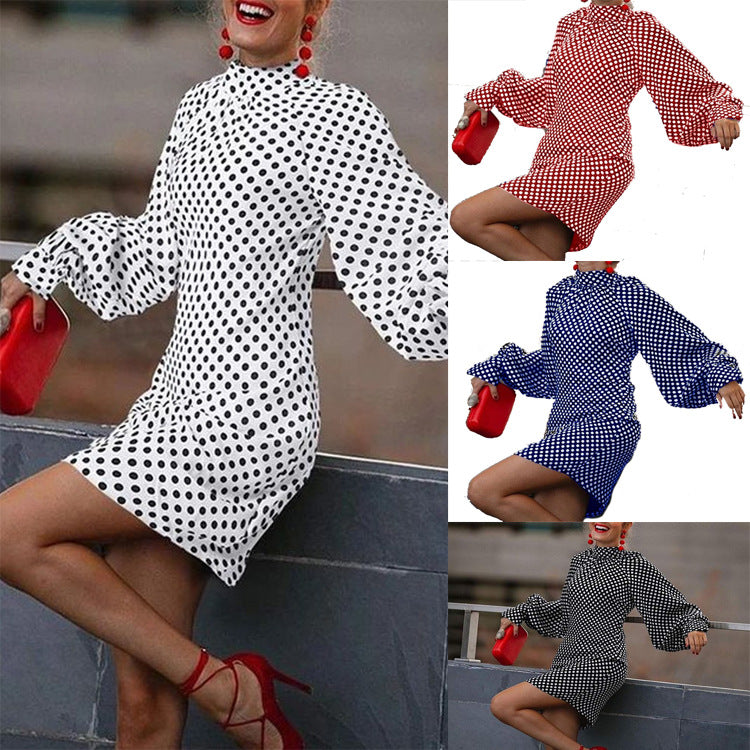 High Collar Polka-dot Print Dresses For Spring And Autumn