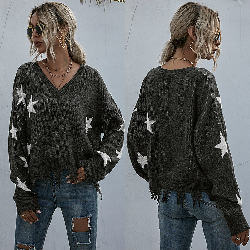 Boho Oversized Sweatshirt Star Graphic Print Long Sleeved Top