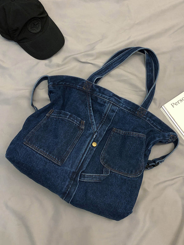 Casual Denim Split-Joint Solid Color Tote Style Handbag