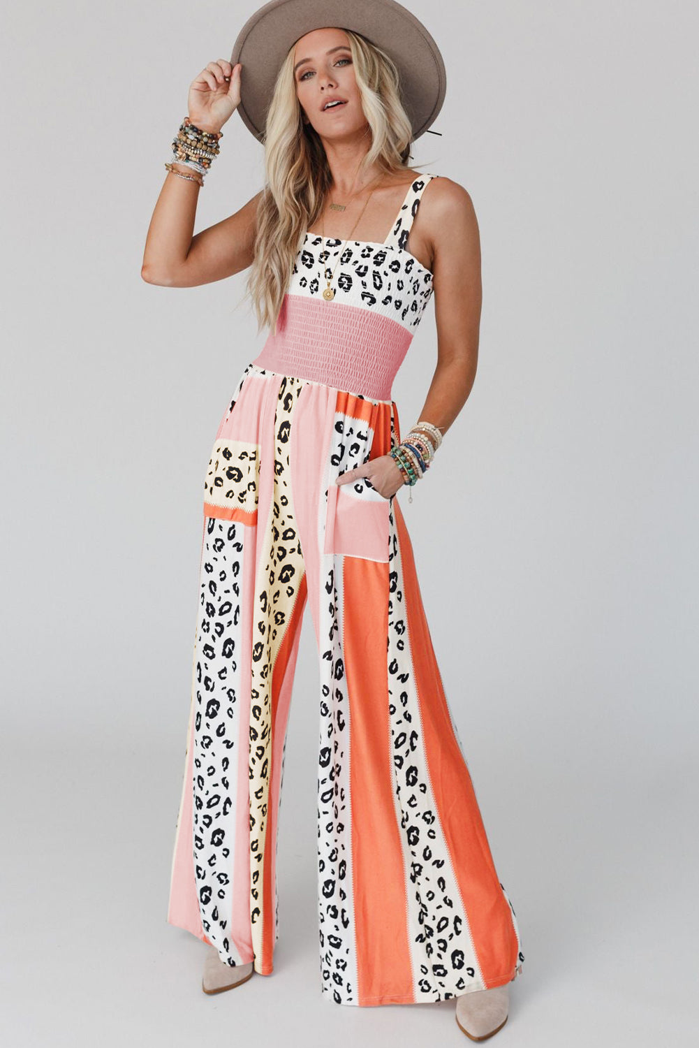 Pink Leopard Color Block Patchwork Strap Jumpsuit