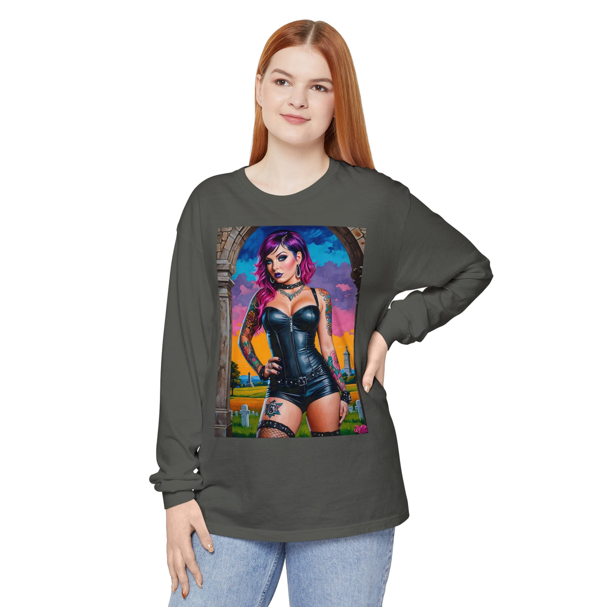 Goth Graveyard Girl Series - Design Three - Unisex Garment-dyed Long Sleeve T-Shirt