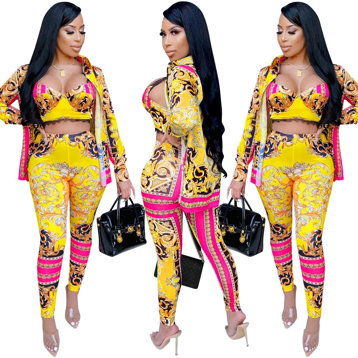 Women’s Sexy Long Sleeve Sweetheart Crop Top All Over Print Two Piece Outfit Sets