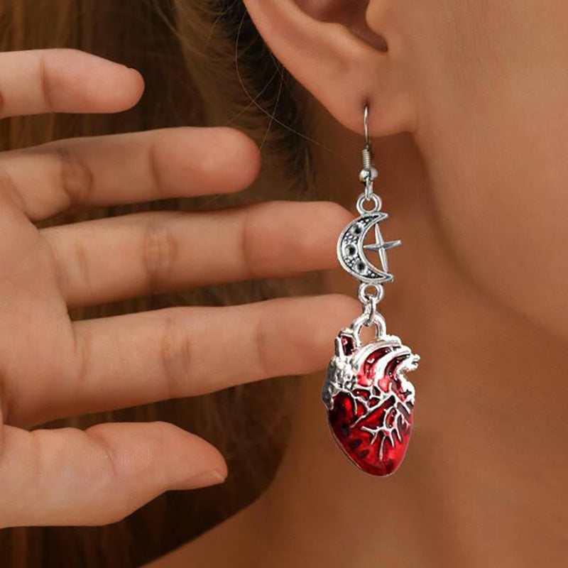 Gothic Beating Heart Crescent Cross Earrings