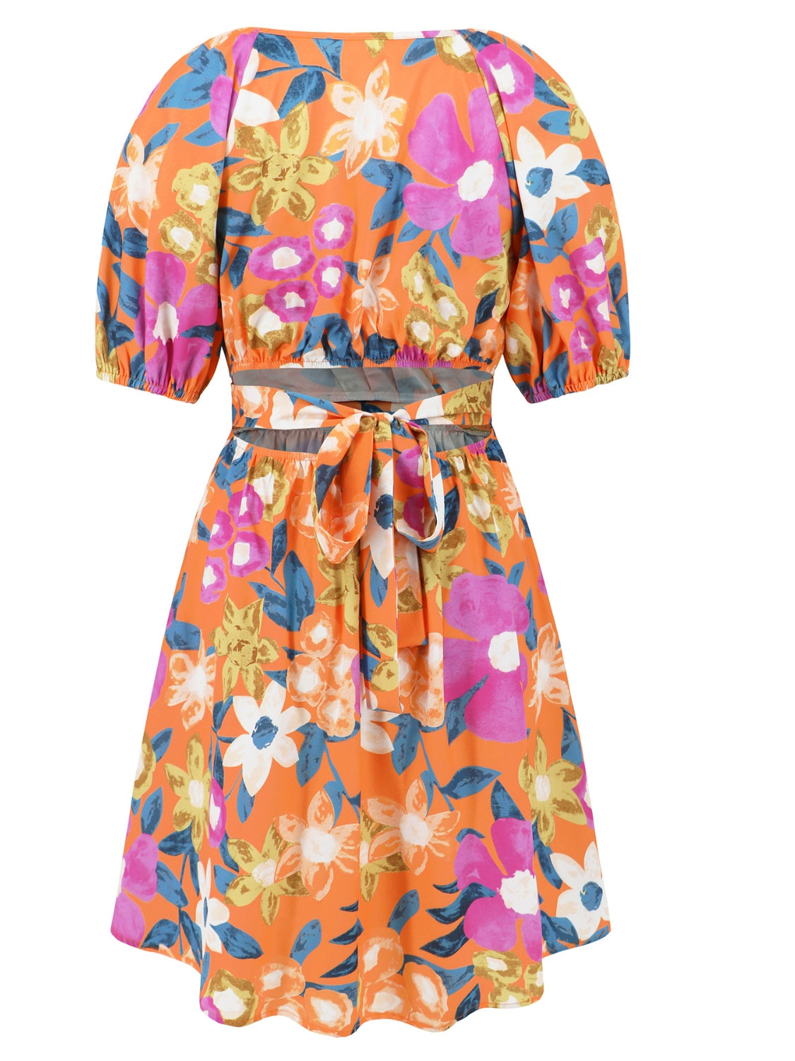 Bright Floral Printed V Neck Pleated Boho Short Sleeve Dress