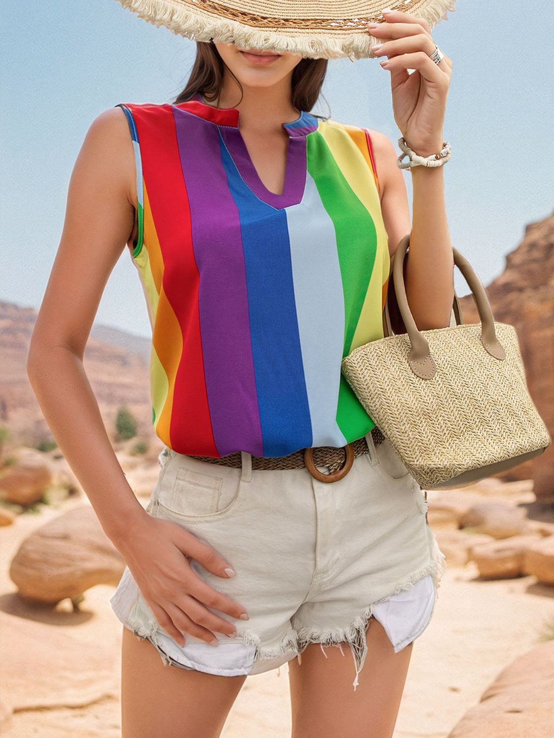 Color Block Notched Sleeveless Rainbow Top