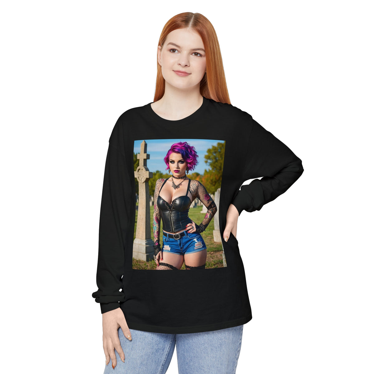 Goth Graveyard Girl - Design Fourteen- Unisex Garment-dyed Long Sleeve T-Shirt