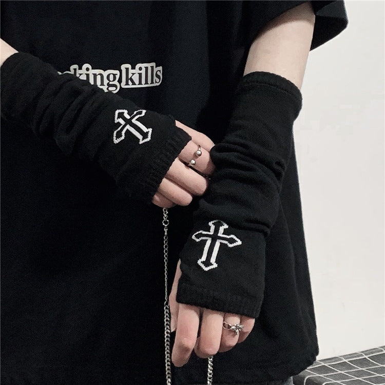 Goth Fingerless Gloves Cross Detail