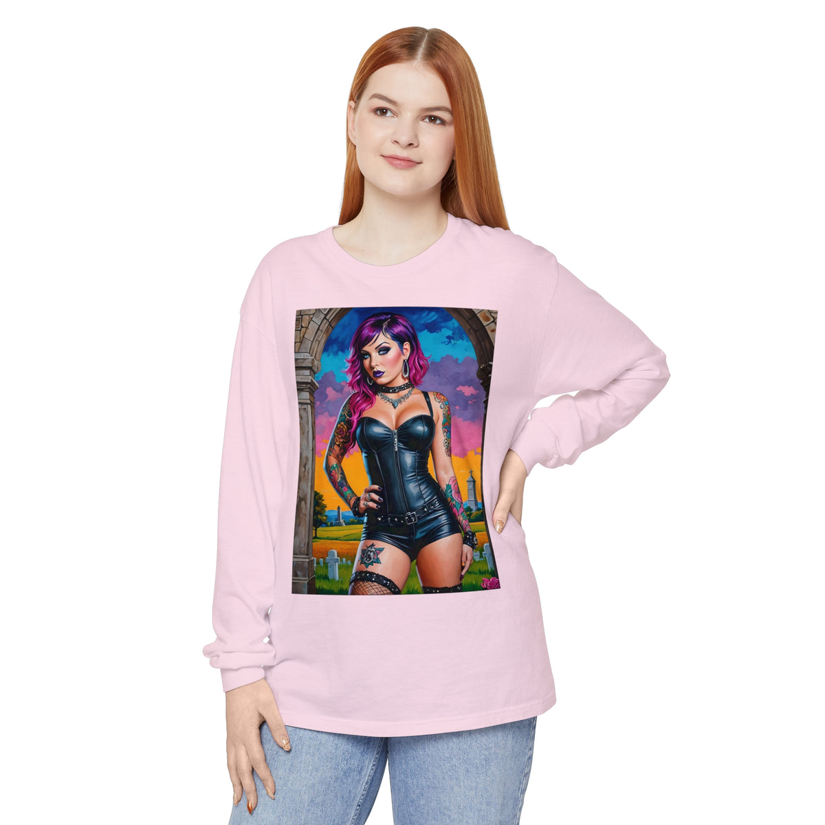 Goth Graveyard Girl Series - Design Three - Unisex Garment-dyed Long Sleeve T-Shirt