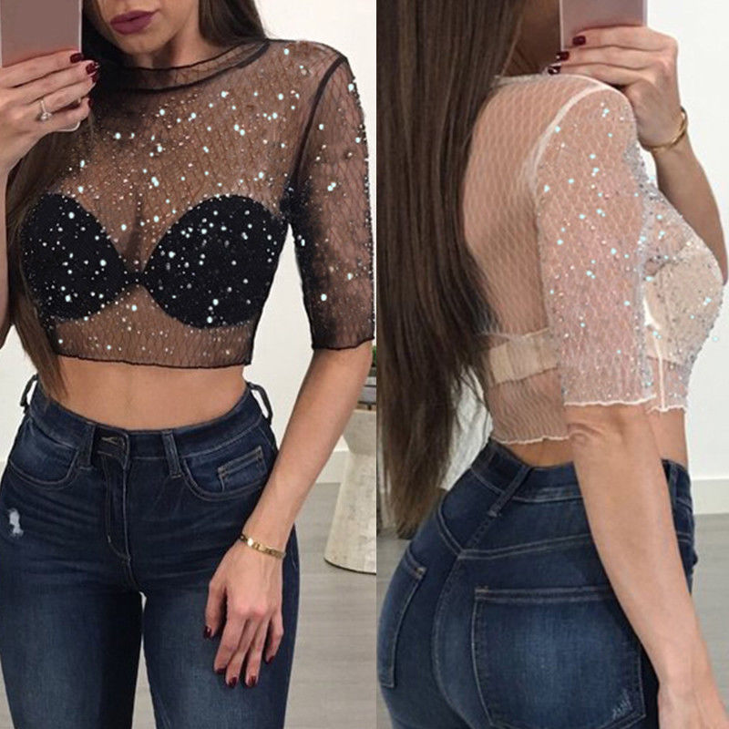 Quarter Sleeve Sheer Fishnet Rhinestone Mesh Cropped Top Festival Fashion