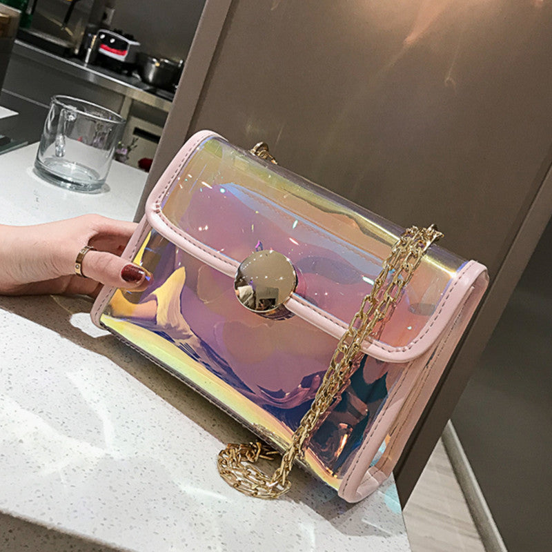 Laser Holographic Pastel Rainbow Shoulder Bag With Chain Strap