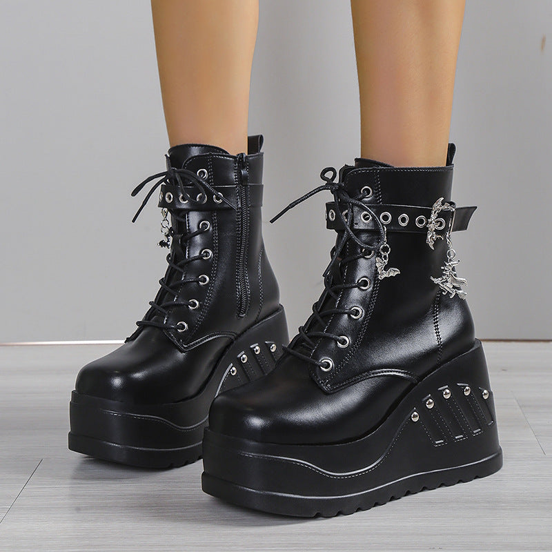 Dark Gothic Rivet Stacked Platform Wedge Short Ankle Boots