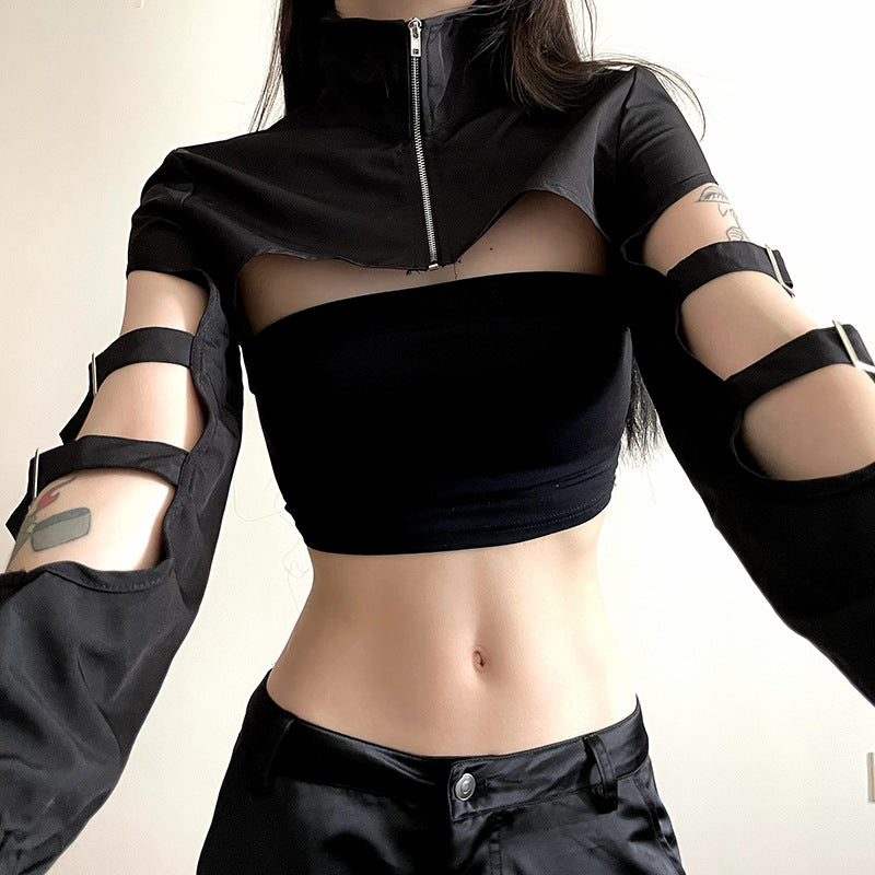 Dark Style Irregular Short Cropped Zip Collar Top Buckled Open Lantern Sleeve