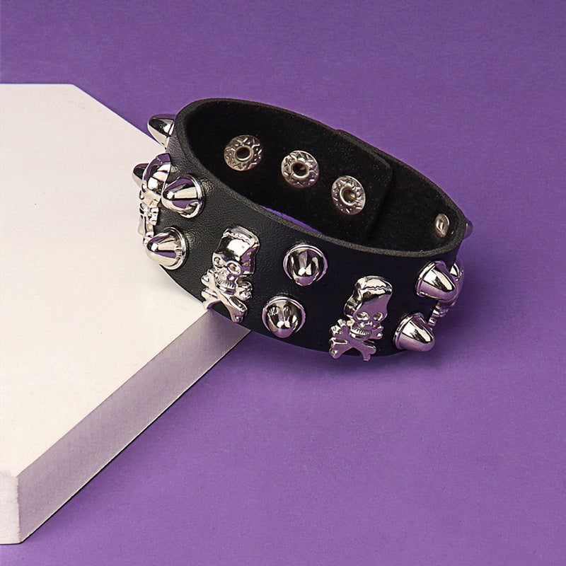 Punk Gothic Skull Rivet PU Snap Bracelet